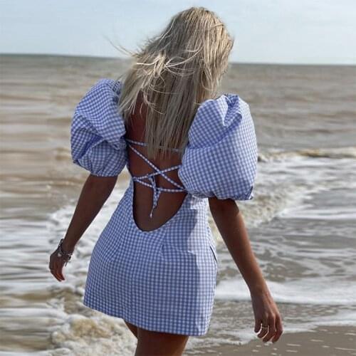 Yimunancy Plaid Backless Dress Women Puff Sleeve Dress 2021 Summer Ladies Boho Dress Vestidos Robe