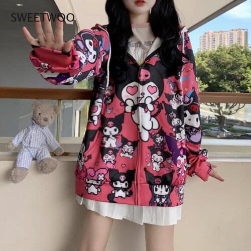 Cute Japanese Zip Hoodie Kawaii Hoodies for Teen Girls Japanese Fashion Thin Autumn Zip Up Oversize Sweatshirts Japan Style Coat