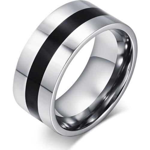 Fashion Black & Silver Color Ring for Men Wide Stainless Steel Ring Enamel Mens Jewelry Gift 9mm