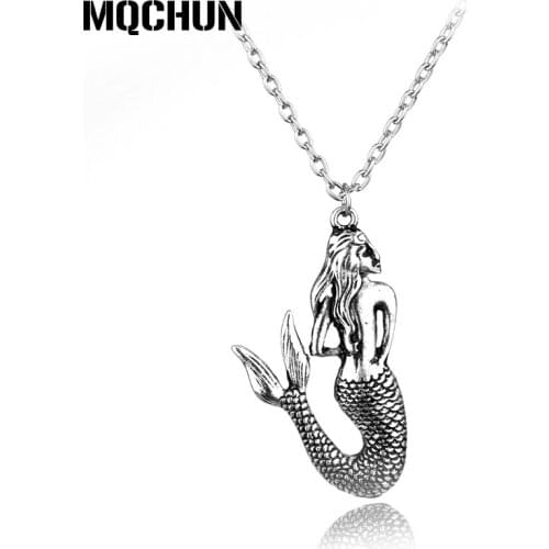 Fashion Vintage Mermaid Shaped Pedant Necklace Silver Plated Alloy Link Chain Choker Statement Necklace for Women and Girl -30
