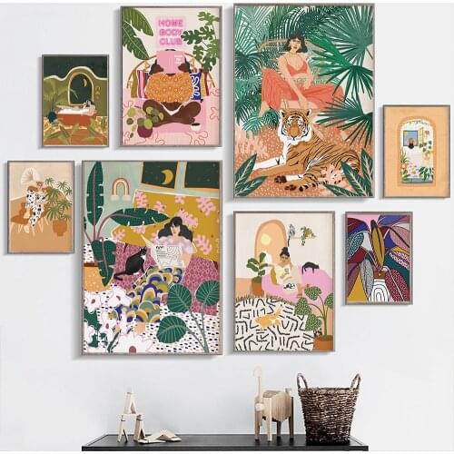 Fashion Woman Poster Wall Art Black Cat Leafs Canvas Print Pictures Reading A Book Poster and Print Wall Pictures For Home Decor