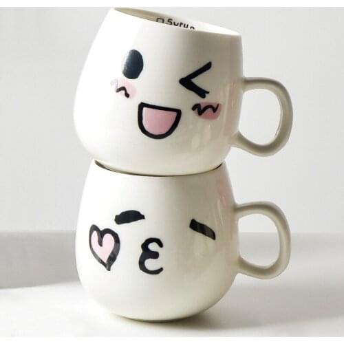 Cartoon ceramic expression cup with lid spoon Japanese style mug custom LOGO couple men and women water cup milk coffee cup