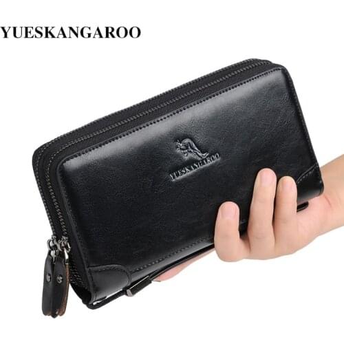 YUES KANGAROO Luxury Brand Man Wallets Leather Men Clutch Bag With Coin Pocket Zipper Male Purse Card Holder Leather Long Wallet