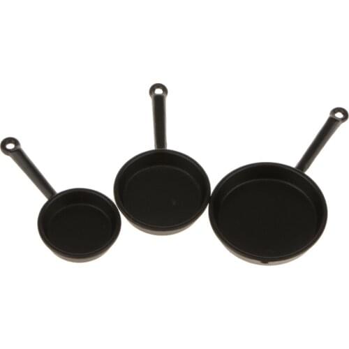 Set Of 3pcs Miniature Black Frypan Cooking Pot Dollhouse Kitchen Accessory