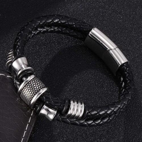 New Fashion Stainless Steel Beads Braided Leather Bracelet Double Layer Magnetic Clasp Male Wrist Band Jewelry Gifts ST0335
