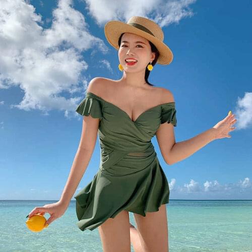 New Flying Sleeves Fold Decoration Cover Belly Solid Color Conservative One-Piece Swimsuit Pink Korean Sexy Hot Spring Swimsuit