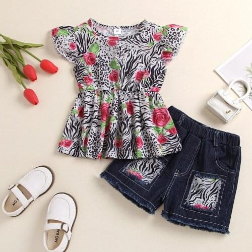 1-6Y Toddler Kids Baby Girl Leopard Floral T-shirt Tops Denim Shorts Jeans 2PCS Summer Clothes Set