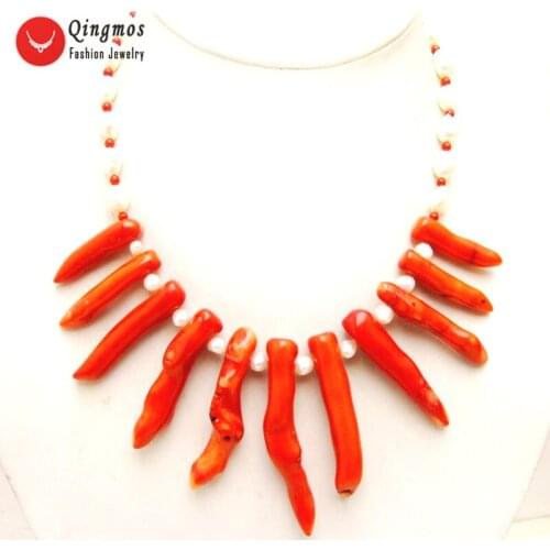 Qingmos 8*70mm Branch Natural Red Coral Necklace for Women with 7-9mm Baroque White Pearl Necklace 18" Chokers Jewelry