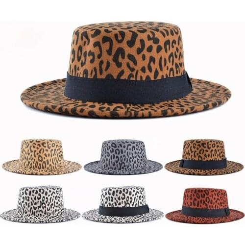 Leopard Print Wide Brim Flat Top Hat Ladies Wool Felt Hat Ladies Men Party Jazz Hat Panama Hat Top Hat