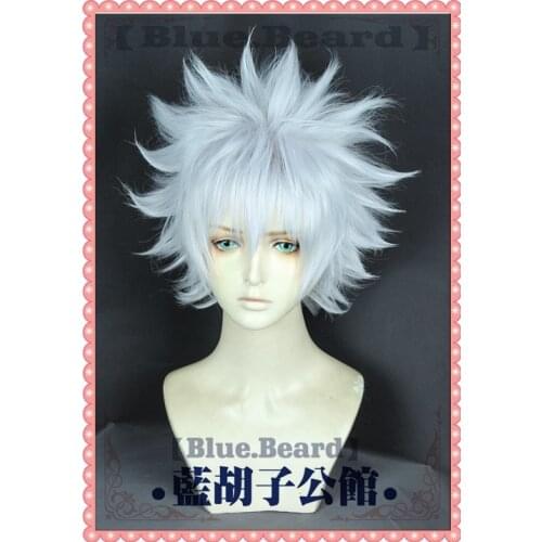 Anime Hunter X Hunter Killua Zoldyck Cosplay Wig Short Silver White Shaggy Layered Heat Resistant Synthetic Hair Wig + Wig Cap