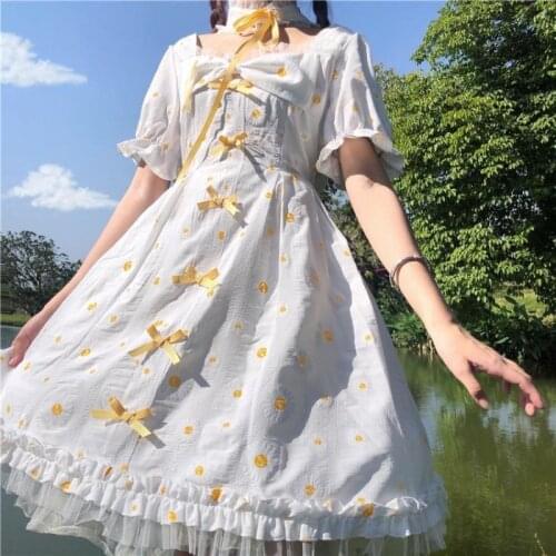 HOUZHOU Lolita Dress Women White Kawaii Sweet Bow Floral Dresses Muslin Ruffle Puff Sleeve Japanese Fairy Sundress Summer Robe
