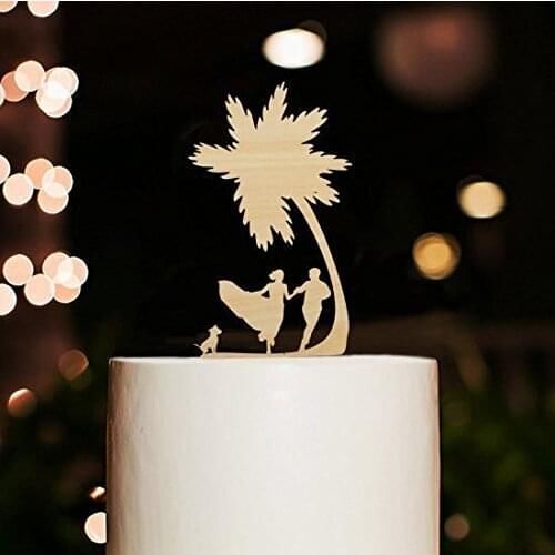 Beach Wedding Cake Topper Silhouette Dog Bride and Groom Running Cake Topper Rustic Palm Tree Cake Topper wooden / wood