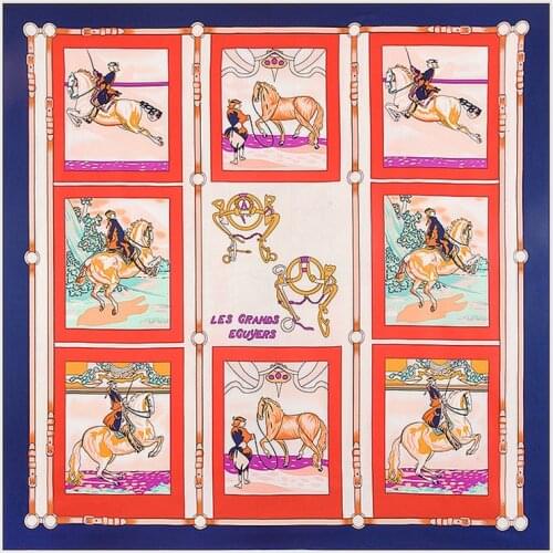 [POBING]100% Twill Silk Square Scarf Geometric Grid Belt with Horse People Design Shawls Wrap Female Foulard Big Size Bandana