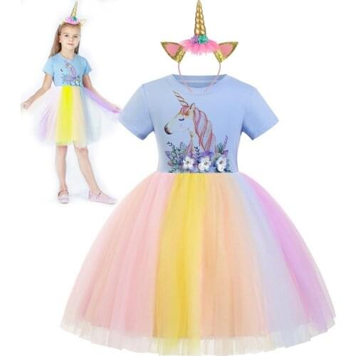 Purim Kids Girls Children Birthday Party Dress Unicorn Rainbow Dresses Flower Vestidos 3-12Y Christmas Suits