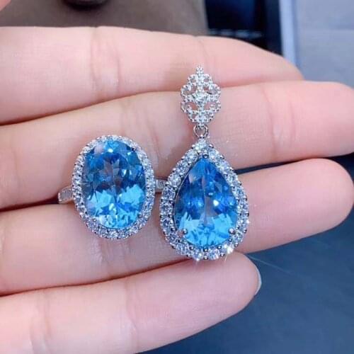 S925 Silver Natural Topaz Jewelry Sets for Women Party Necklace and Ring Fine Jewelry Real Blue gemstones Gifts 10*14MM Flawless