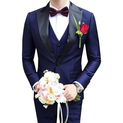 One Button Navy Blue Wedding Groom Tuxedos Groomsmen Lapel Men Business Party Suits Blazers Three Piece Jacket Pants Vest Set