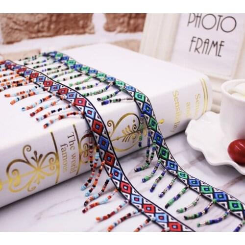 Embroidery ethnic jacquard webbing woven tape bead fringe lace trim ribbon 4.5cm tribal boho DIY zakka accessory native gypsy