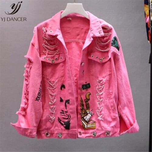 Denim Jacket Female 2019 Spring And Autumn New Hole Chain Wash Water Denim Letter graffiti Printing Personality Coat H00811