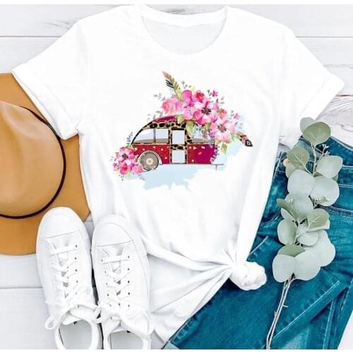 2021 Summer Floral Flower Camper Cartoon Beach Short Sleeve Women Fashion Clothes Print Tshirt Female Tee Top Graphic T-shirt