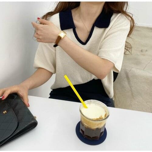 Women Summer Vintage V Neck Patchwork Tshirt Loose Knitted T-shirt Short Sleeve Tee Pullover Top