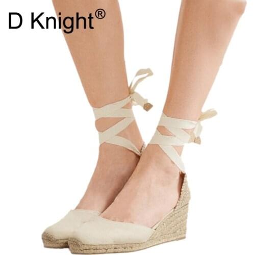 Lace up Straw Braid Lady Fisherman Sandals Shoes Ankle Strap Women Espadrilles Wedge Sandals 2018 Summer Canvas Platform Wedges