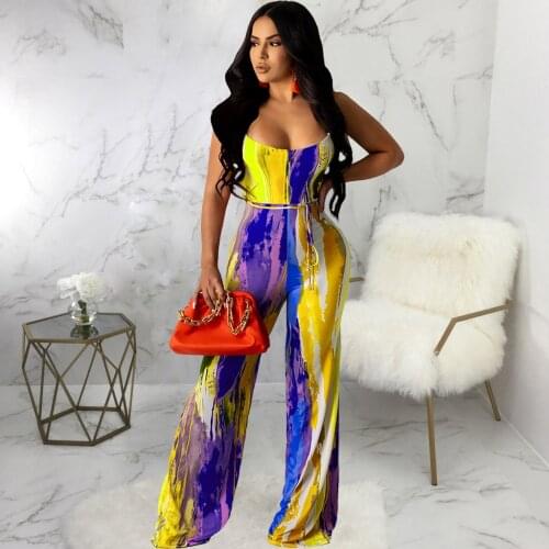 Tie Dyeing Print Rompers Womens Jumpsuit 2021 Spaghetti Strap Sleeveless Wide Leg Overall Elegant Cross Backless Beach Outfits