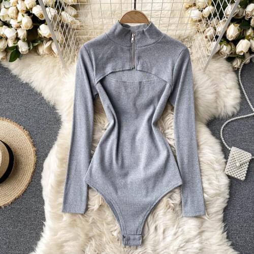 Autumn Women Knitted Sexy Bodysuits Club Outfits Zip-up Stand Collar Long Sleeve Hollow Out Slim Body Tops Rompers