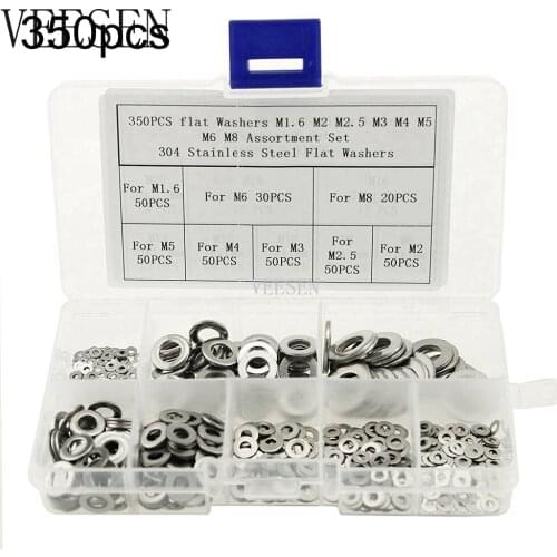 350pcs M1.6 M2 M2.5 M3 M4 M5 M6 M8 Hardware Stainless Steel Flat Washer Metric Flat Washers Assortment Kit