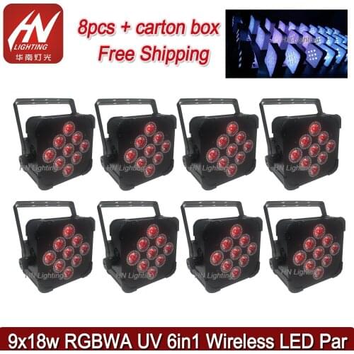 8pcs 9x18w Rechargeable Lithium battery Flat Led Par light Wireless DMX 6 in 1 Battery Led Par Stage Light