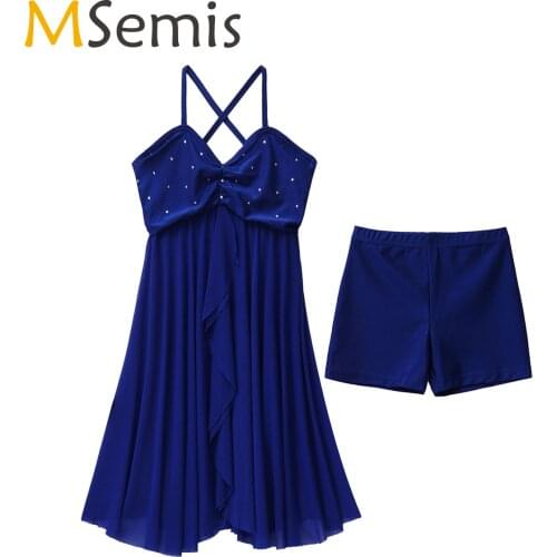 Shiny Ballet Dress Girls Sleeveless Irregular Criss-cross Back Figure Skating Dance Leotard Dress Kids Lyrical Dance Costumes