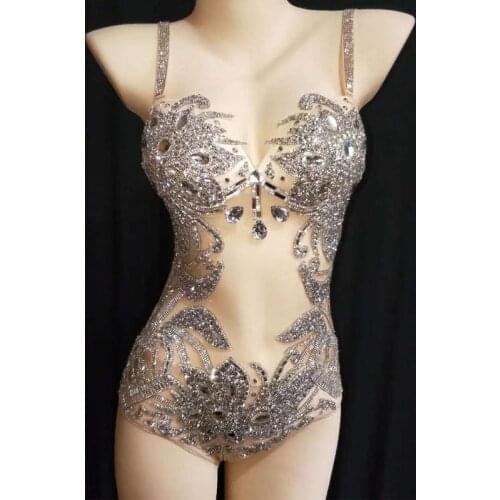 Glisten Rhinestones Silver Bodysuit Sleeveless Big Stretch Womens Party NightClub Bar Outfit Stage Female Singer Costume Romper