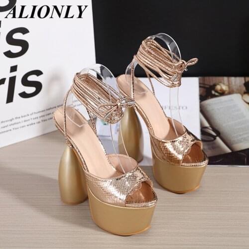 ALIONLY Shaped Heel Thick Heel High Heels for Women 2021 Summer Lace Up Ladies Sandals High Heels Size 34-40