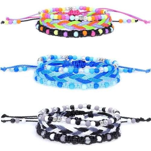 3pcs Bohemian Braided Bracelet for Women Adjustable Beaded Bracelet Wax Rope Bead Bracelet Rope Chain Jewelry