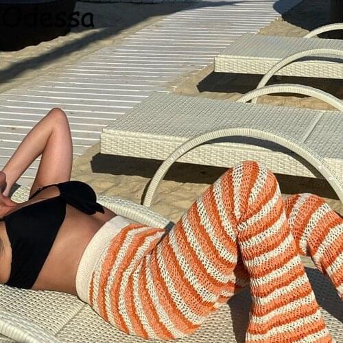 Odessa Orange Knitted High Waist Pants Y2K Cyber Hollow Out Women Striped Casual Flare Pants Sexy Beach Long Trousers Fashion