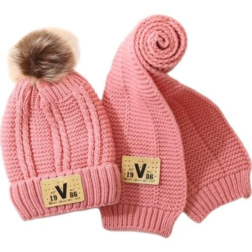 Doitbest childrens winter hat beanies sets velvet wool kids Knitted fur hats winter 2 pcs boys girl scarf set child