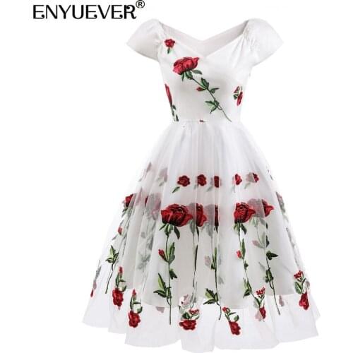 Enyuever Vintage Dress Party Off Shoulder V Neck Sleeve Robe Retro Black White Red Rose Floral Dinner Dresses For Women Clothing