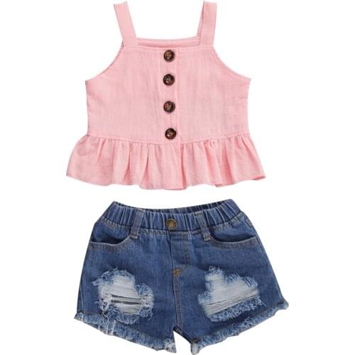 FOCUSNORM 0-4Y Lovely Infant Baby Girls Clothes Sets 2pcs Solid Ruffles Sleeveless Single Breasted Tops Denim Shorts