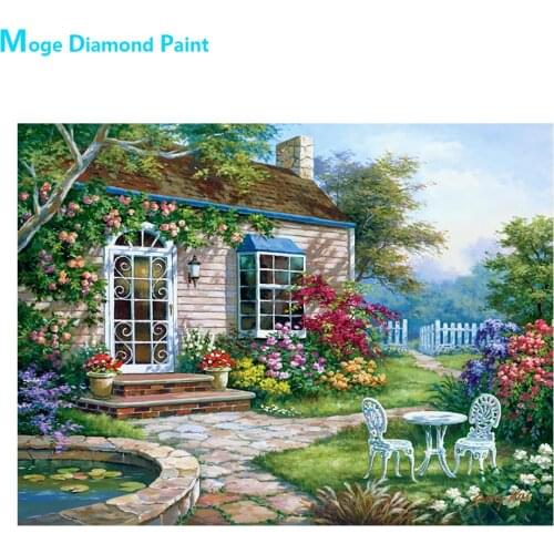 Country Garden Courtyard Diamond Painting Oil Scenic Round Full Drill Floral House DIY Mosaic Embroidery 5D Cross Stitch