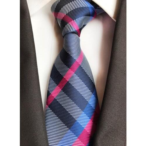New Classic 8cm Checks Navy Blue Pink Stripe Silk Ties Mens Neck Tie Jacquard Woven Ties for Men Wedding Business Party Gravatas