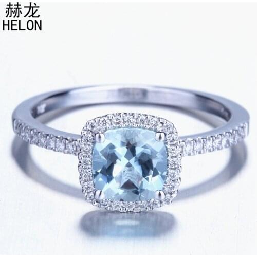 HELON Solid 10k White Gold 6x6mm Cushion Sky Blue Topaz & Diamonds Engagement Wedding Ring For Women Gift Party Romantic Jewelry