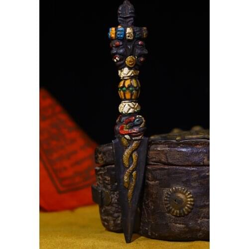 6"Chinese temple collection Old Bronze Tracing Three-faced buddha head Skull Vajra Dharma Ornaments Town House Exorcism