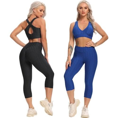 Booty Yoga Set Fitness Women Workout Suit Calf-Length Pants Sleeveless Sports Bra Crop Top Gym Clothing High Waist Leggings