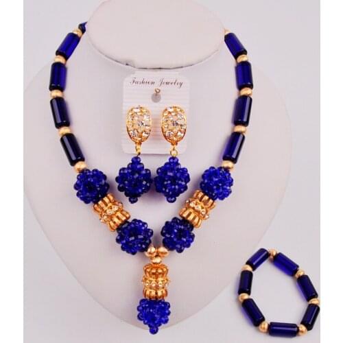 Pretty Royal Blue African Beads Jewelry Set Women Costume Necklace for Nigerian Wedding ZQ4-2
