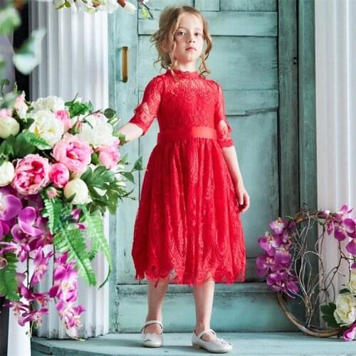 Red Dresses Autumn Lace Dress Flower Long Sleeve Kids Princess Dresses for Girls Embroidery Wedding Party Childrens Clothing