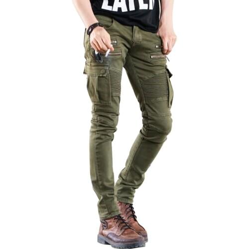 Mens Jeans Stretch Casual Biker Jeans with Zipper Fashion Fold Designer Skinny Hiphop Punk Multi Pockets Slim Denim Pants Men