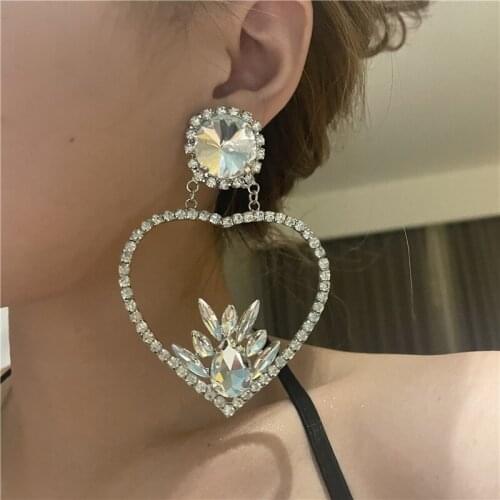Origin Summer Exaggerated Sparkly Rhinestone Heart Drop Earrings for Women Large Hollow Love Dangle Earrings Nightclub Jewelry