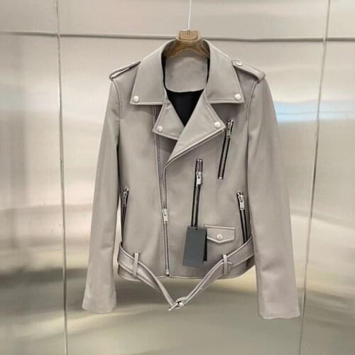 Apring Clothes Women 2021 New Arrival Short Length Import Real Sheepskin Coat With Belt Moto & Biker Style Zippers