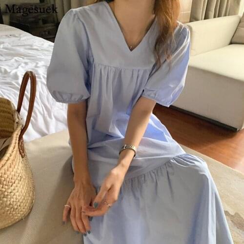 Plus Size Casual Pleated Loose Dress Summer Women Dress 2021 Fashion Puff Sleeve V-neck Long Dresses for Women Vestidos 15260