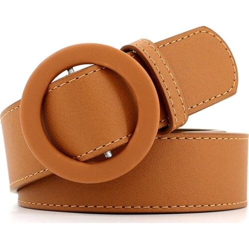 2020 Simple New Round Buckle Leather Of Women Wide Female Belts Metal Smooth Buckle Belts For Women Lady Girdle For Unisex