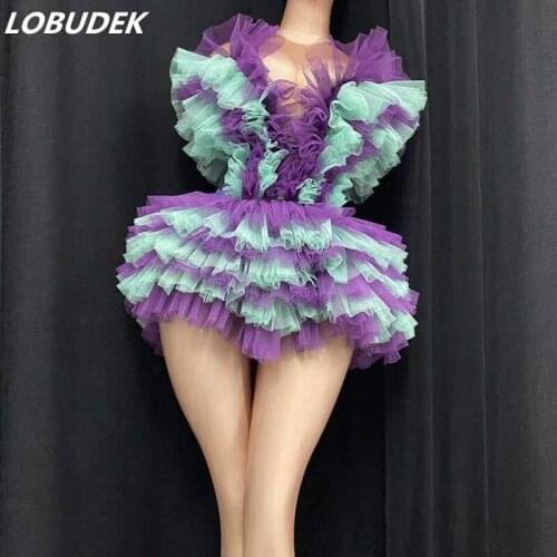 Sexy Party Mesh Tutu Mini Dresses Women Nightclub Bar Singer Dancer Performance Stage Wear Ball Gown Tulle Dress Dance Costume